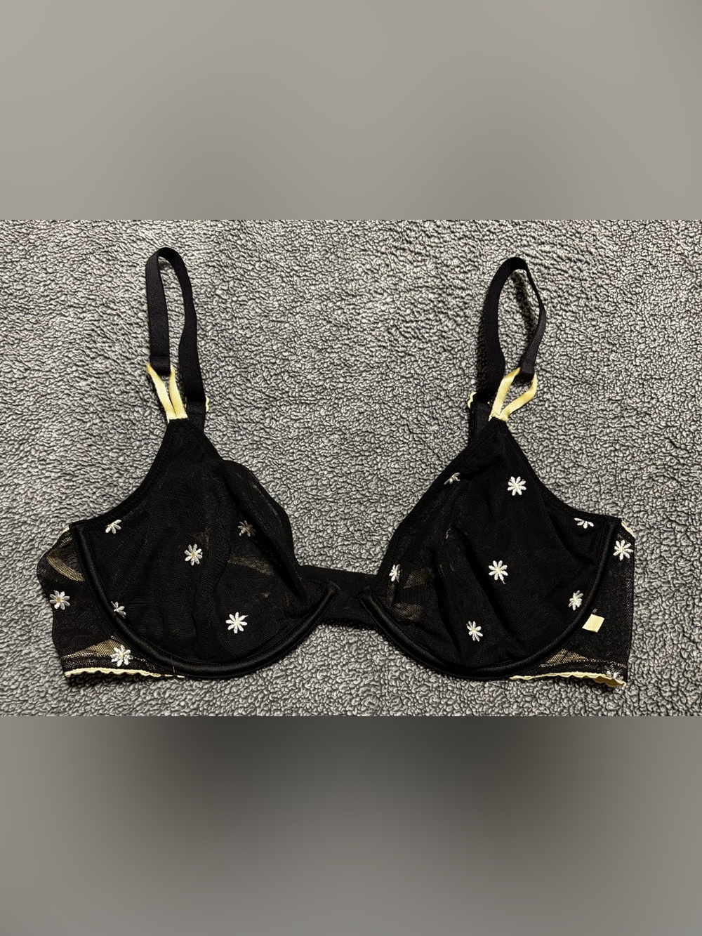 Victoria's Secret Black Mesh Underwire Bra with White Daisy Embroidery